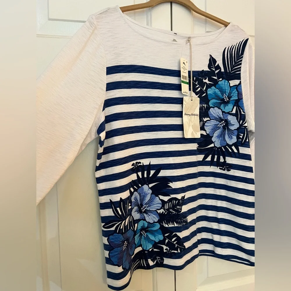 Tommy Bahama Blue and White Floral Striped Long Sleeve Top NWT Size L - Picture 4 of 10